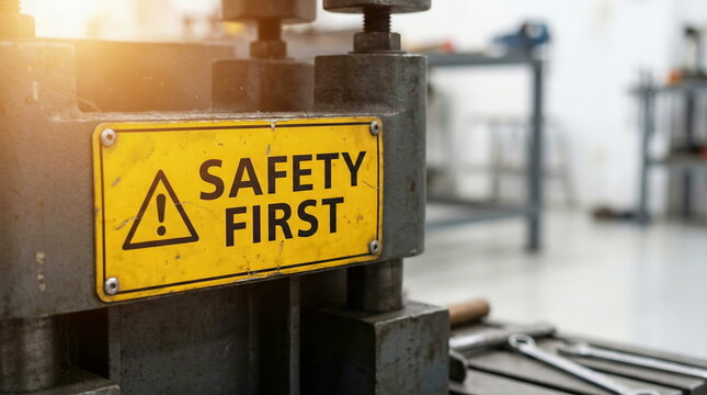 A yellow 'Safety First' sign prominently displayed on industrial machinery in a workshop, emphasizing workplace safety protocols and caution.