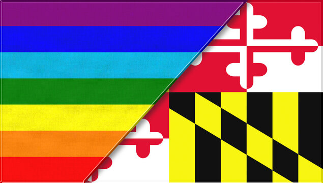 Double flag illustration combining Maryland state design with LGBT pride colors
