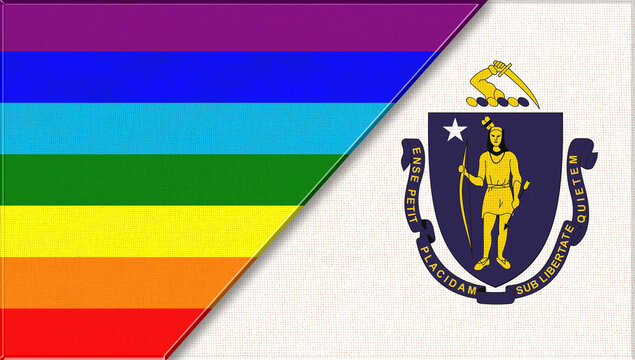 Double flag illustration combining Massachusetts state design with LGBT colors