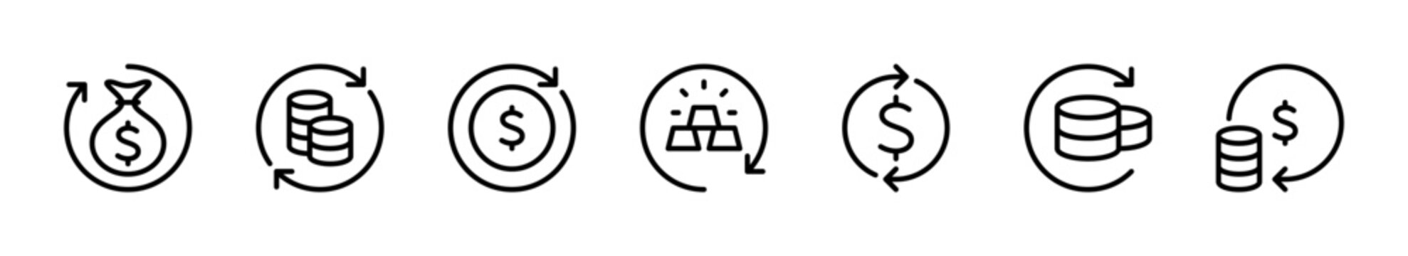 Money circulation related vector linear icons set. Circulation and circle arrow vector design symbol illustration. Vector illustration.