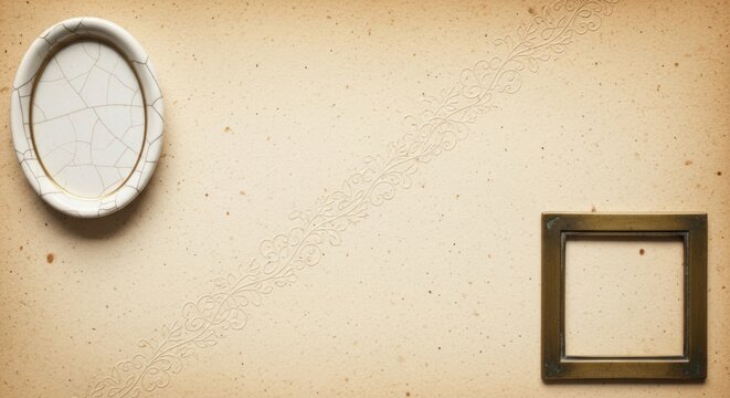 Minimalist interior wall decor with a round clock and empty picture frame.