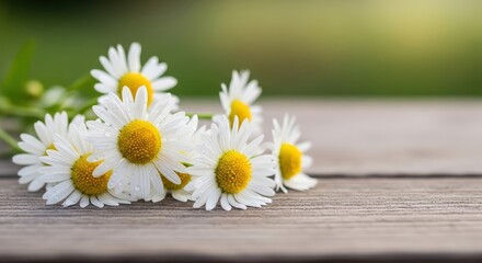 Obraz premium Cluster Of White Daisy Flowers With Yellow Centers And Water Droplets On A Wooden Surface With A Blurred Green Background