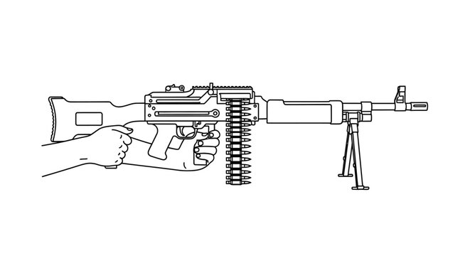 Hand holding a loaded machine gun with bipod and ammo belt, line art illustration