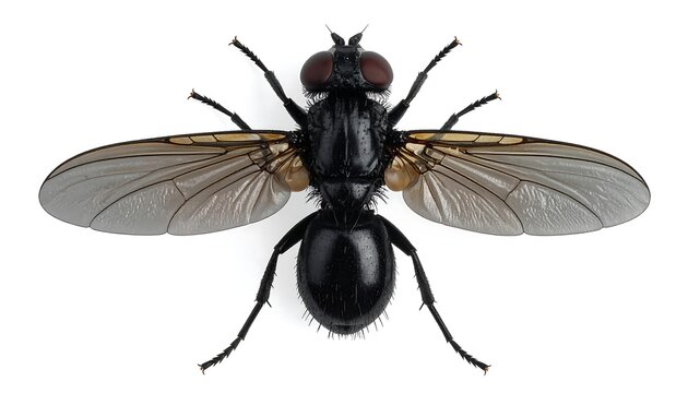 A large black fly with transparent wings and brown eyes