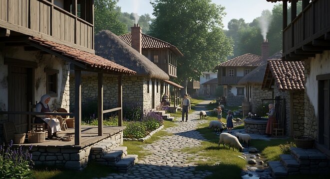 traditional village with stone houses and thatched roofs
