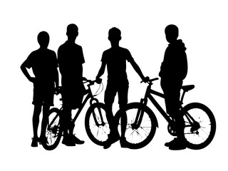 Naklejka premium Group of Teenagers with Bicycles Silhouette - Youth Lifestyle Urban BMX Vector Graphic