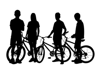 Naklejka premium Group of Teenagers with Bicycles Silhouette - Youth Lifestyle Urban BMX Vector Graphic