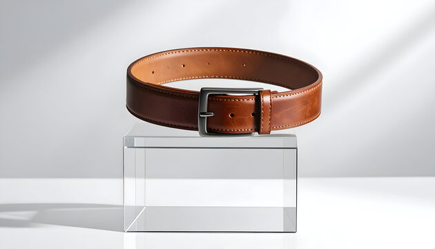Brown leather belt on glass block.