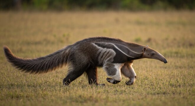 Giant anteater walking in a field, wildlife scene with a large mammal