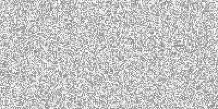 Glitch checkered pixels analog TV pattern. Pixelated glitchy 90s background. Screen noise texture, no video signal concept. Black and white color.