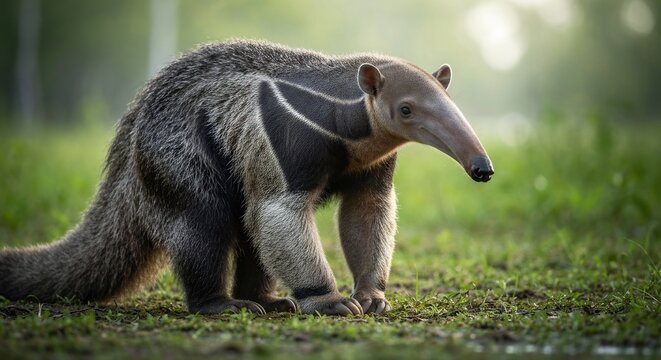 giant anteater walking on grassy field in forest