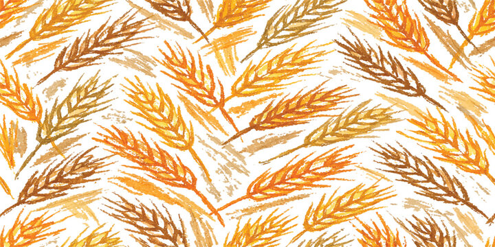 Seamless vector pattern with golden wheat ears and feathers featuring a textured floral design for autumn wallpaper and nature-inspired backgrounds