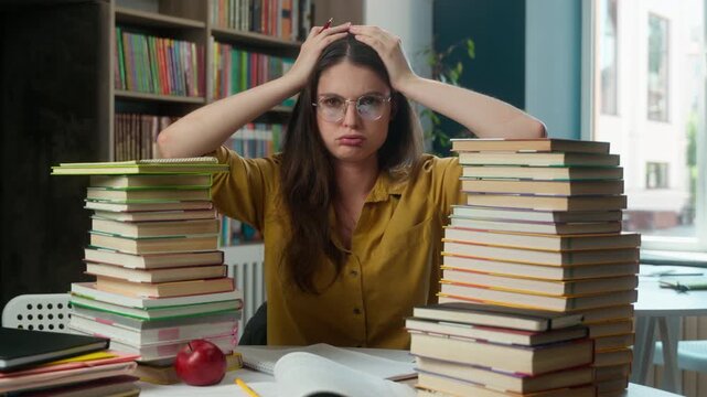 Tired anxious Caucasian female student woman reading books in library studying for difficult exam stressed girl pupil learning education university overwork fatigue bookworm literature study problem