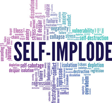 Self-implode word cloud conceptual design isolated on white background.