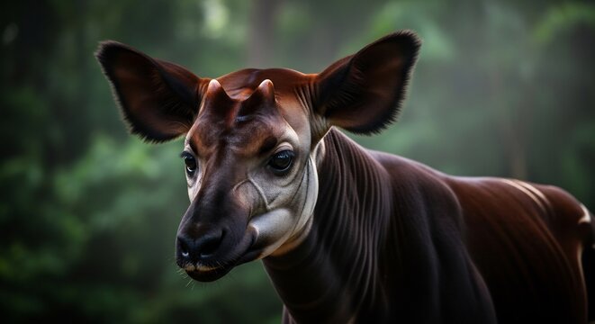 Close-up of a okapi in a forest, looking alert