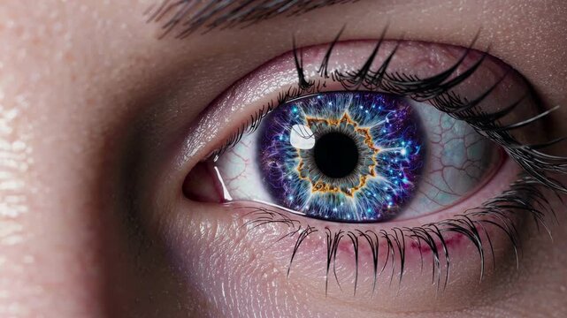 Extreme close up of a female eye with a colorful cosmic nebula and stars reflecting in her contracting and dilating pupil, showcasing a surreal vision of the universe and human connection
