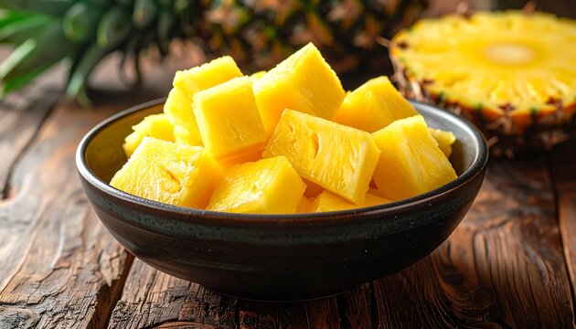 A bowl of fresh pineapple chunks on a wooden table
