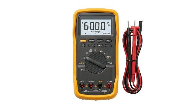 Professional digital multimeter with LCD display and probes isolated on white background for electrical testing and maintenance