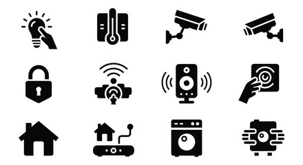 Fototapeta premium 12 Smart Home icons featuring security camera, thermostat, lock and light, outline solid styles, UI and web interface design