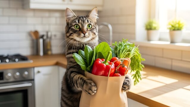 Funny cat holding a grocery bag full of fresh vegetables at home