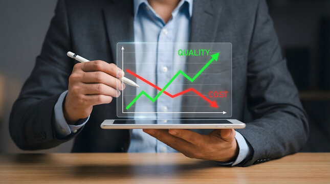 Businessman holding a tablet with a holographic graph showing increased quality and decreased cost
