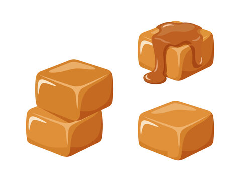 Four glossy, golden-brown caramel cubes are illustrated as a stacked pair, a solitary piece, and one delectable square generously draped in a thick, gooey layer of rich, dripping syrup