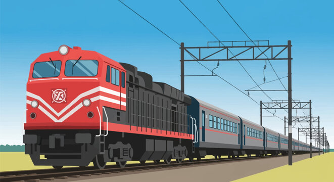 Vector illustration of a red and black locomotive pulling a long passenger train along a railroad track with overhead power lines and steel gantries under a clear blue sky.