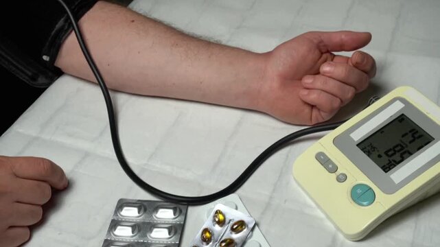 Adult male checks blood pressure using a digital monitor while resting arm on a white surface with medication packaging nearby
