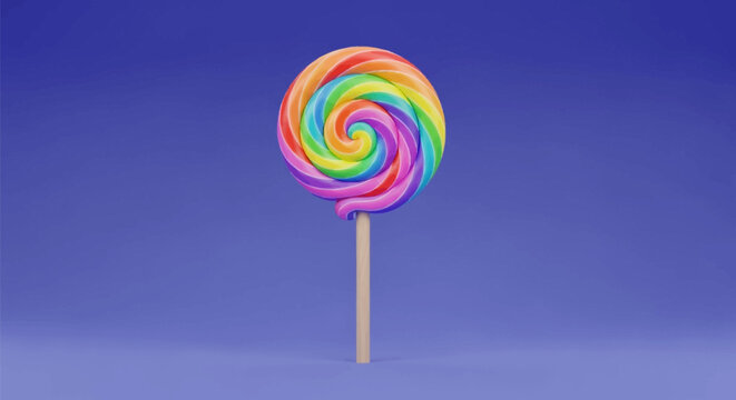 3D render of a colorful rainbow swirl lollipop on a light wooden stick isolated against a solid purple background. Vibrant round candy confection illustration for design and icons.