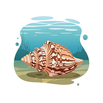 Stylized illustration of a large spiral conch shell with marbled patterns submerged in a clear blue ocean environment