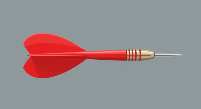 Single red dart illustration with a sharp silver needle tip and a gold metallic barrel, featuring red plastic flights and shaft, isolated on a solid gray background.