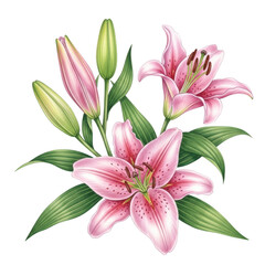 Obraz premium A beautiful bouquet of pink lilies with green leaves and white buds isolated on transparent background