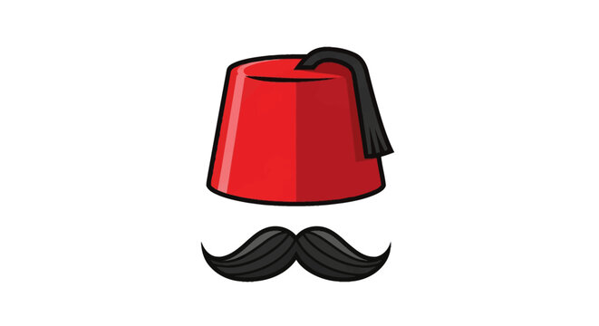 Red Turkish fez hat icon featuring a black silk tassel and a matching black curled handlebar mustache below it, stylized vector design isolated on a plain white background.