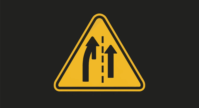 Yellow triangular traffic warning sign indicating a right lane merge ahead, featuring two black arrows and a dashed lane divider line on a dark gray minimalist background.