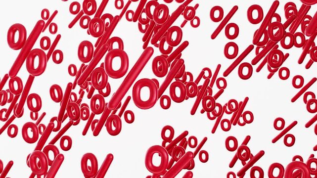 Red percentage symbols fall down against a clean white background in this 3D animation. The symbols represent discounts and sales during shopping seasons