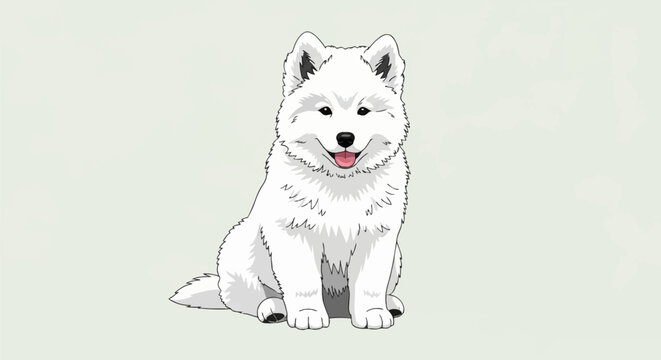 Vector illustration of a fluffy white Samoyed puppy sitting and smiling with its tongue out, featuring clean black outlines and soft shading, isolated on a plain neutral background.