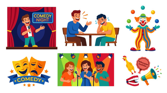 Cartoon illustrations of people enjoying comedy shows and performances with humor