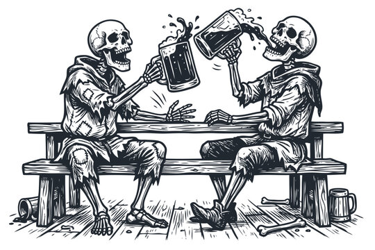 Vintage monochrome vector illustration of two skeletons drinking beer at wooden table, spooky pub party scene with splashing mug, bones and humor