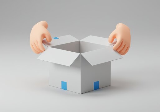 Cartoon hands opening a 3d white cardboard box with blue square accents on a plain light gray background