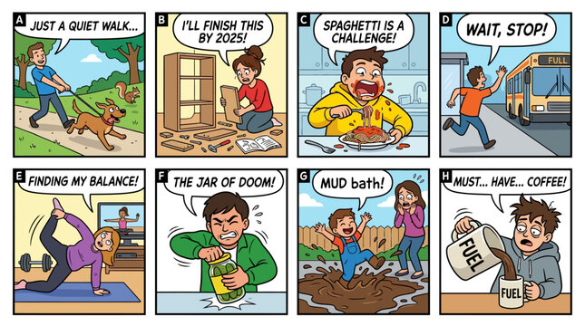 Humorous everyday life scenes showcasing relatable struggles and mishaps