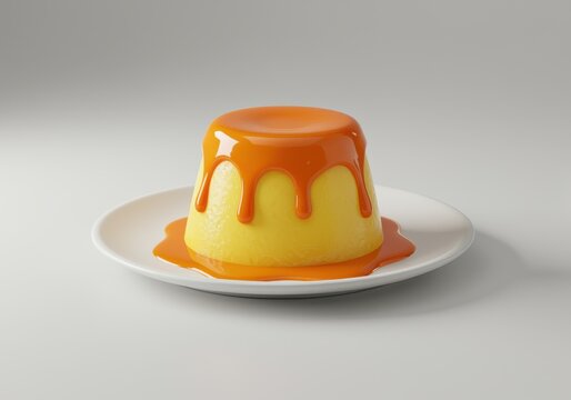 Yellow custard pudding with smooth orange caramel sauce drip on a simple 3d white plate, isolated on grey background