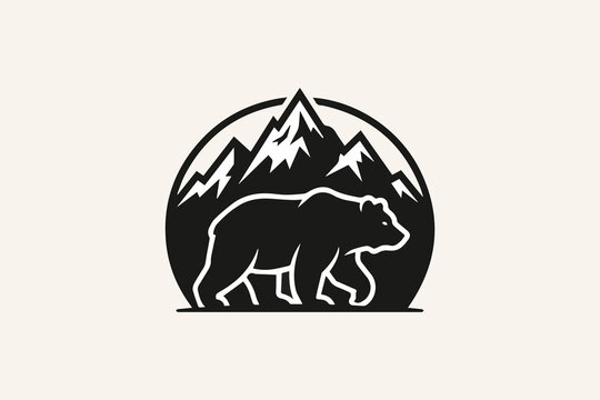 Grizzly bear walking in mountain silhouette logo for outdoor hunting and camping gear brand