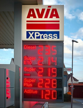 AVIA petrol Station with illuminated price sign