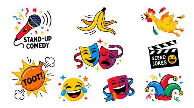 Colorful comedy and theater icons including a microphone, jester hats, and laughing emojis for stand-up performances and joke scenes.