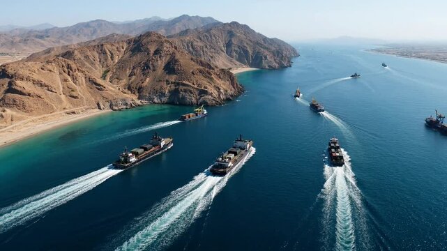 Aerial view of a fleet of cargo ships leaving white wakes as they navigate through a narrow, deep blue maritime passage flanked by rugged, arid mountains.