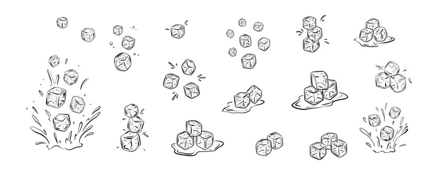 Doodle ice cube line icons set. Hand drawn outline vector illustration. Water splash and drops hand drawn crayon, pencil, ink sketch. Frozen ice block falling to the summer cold drink, cocktail, juice