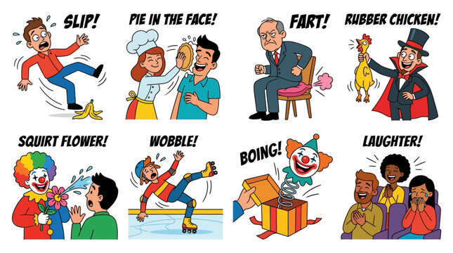 Cartoon characters demonstrating various comedic physical humor actions and reactions