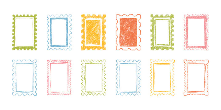 Set of colorful hand drawn crayon doodle childish postage stamp frames. Sketch postage stamp kid scrapbook design element. Scallop edge, zigzag, undulate, corrugated, wiggly pencil rectangle borde