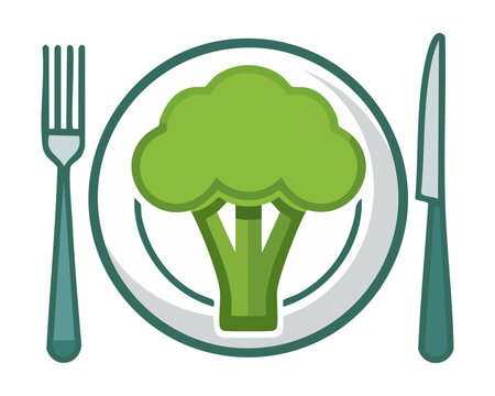 Plate with fresh broccoli head and cutlery for healthy vegetable diet and weight loss nutrition concept - Vector Illustration