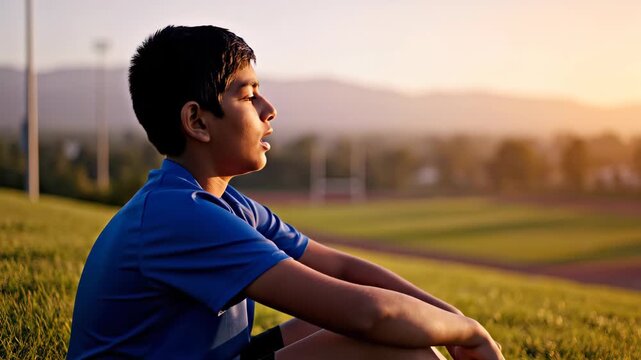a young diverse boy athlete sitting on a sideline bench with a focused expression. High-detail cinematic shot of a child in sports gear during a calm moment of preparation.